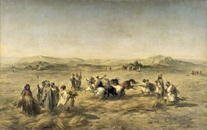 Tarwe dorsen in Algerije, 1853 door Adolphe Pierre Leleux